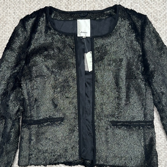 NWT Anthropologie Elevenses Black Gold Leaf Metallic Faux Fur Blazer Holiday S - Picture 3 of 8